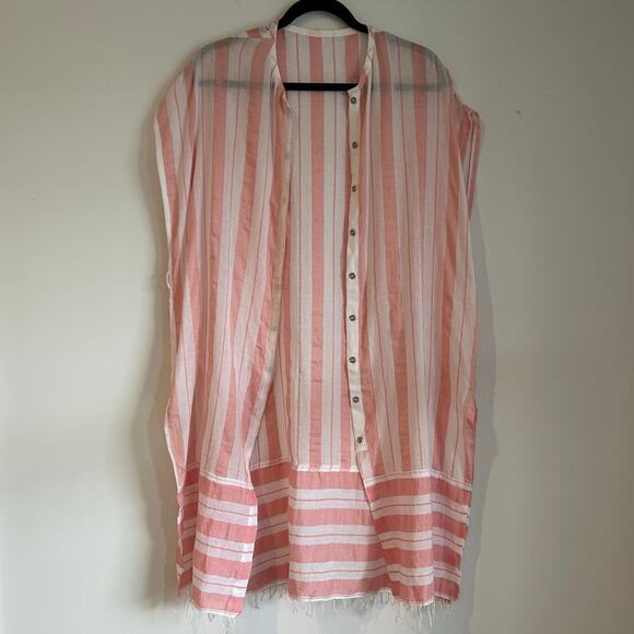 NWOT Lemlem Pink & White Striped Caftan – One Size, Snap Front, Fringe Hem - Picture 3 of 8